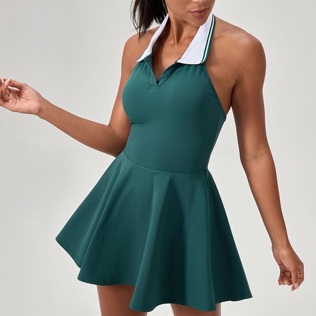 Haivin Robe Courte Ajustée Sans Manches pour Femmes à Col Suspendu avec Revers, Robe de Course Extérieure, Robe de tennis yoga Entraînement Physique, Robe Sans Manches à Revers