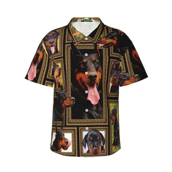Doberman Dog Men'S 3d Print Casual Button Down Shirts, Novelty Hawaiian Short Sleeves 2xl