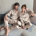 thumbnail image 5 of Men's Casual Pyjamas Long Sleeve Blouse Button Silk Satin Two Piece Sleepwear Suit Pant Pyjama, 5 of 5