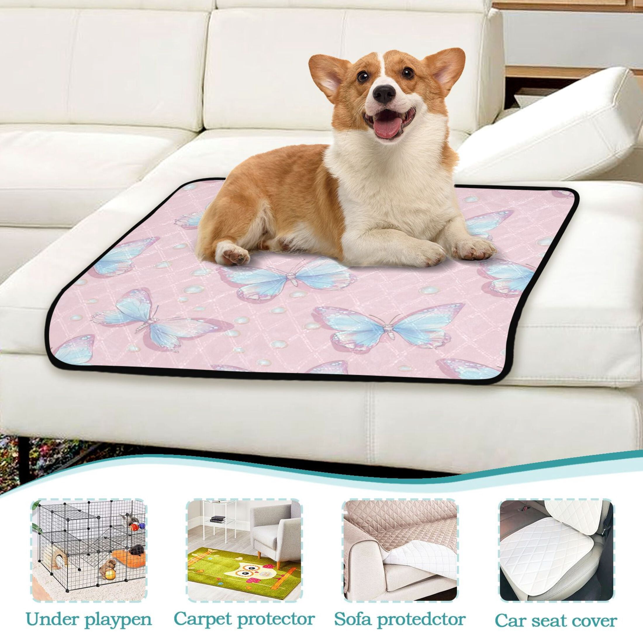 Washable Pet Pee Pads with Super Absorbent Reusable Training Pads for Dogs & Cats Light Blue Butterflies
