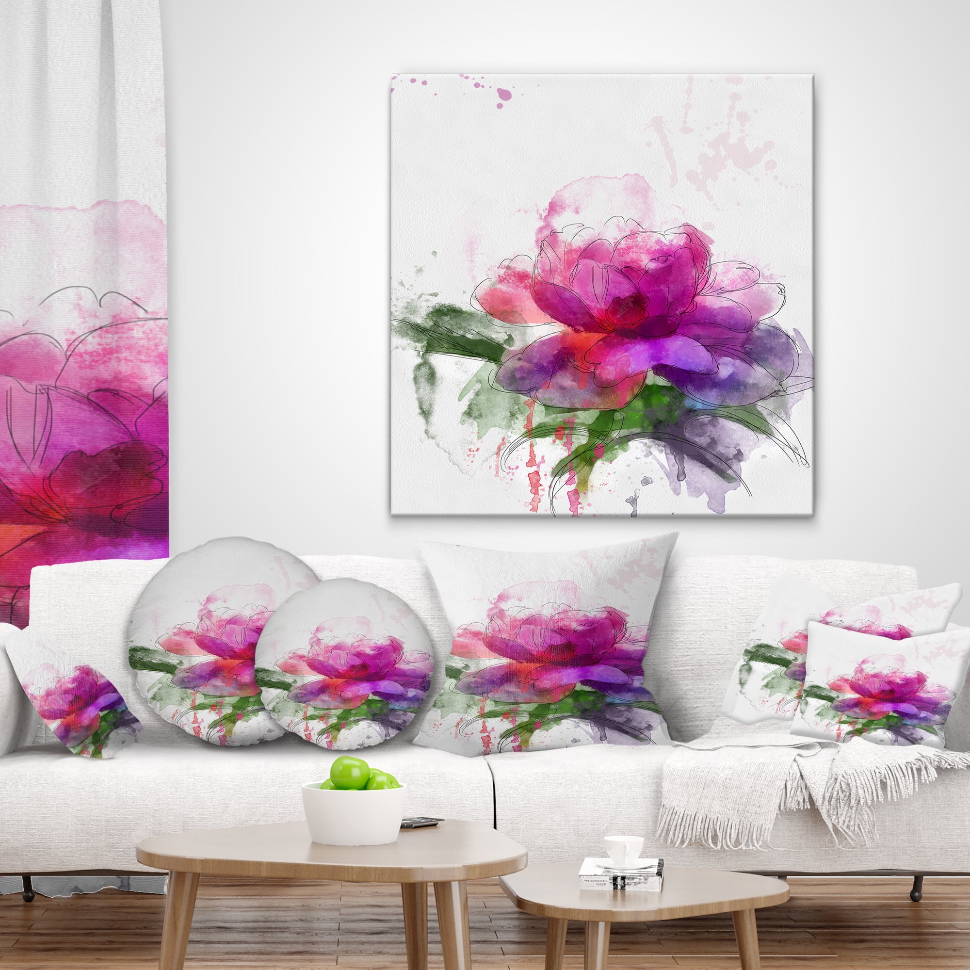 Designart Purple Peony Illustration Sketch - Flowers Throw Pillowwork - 18x18