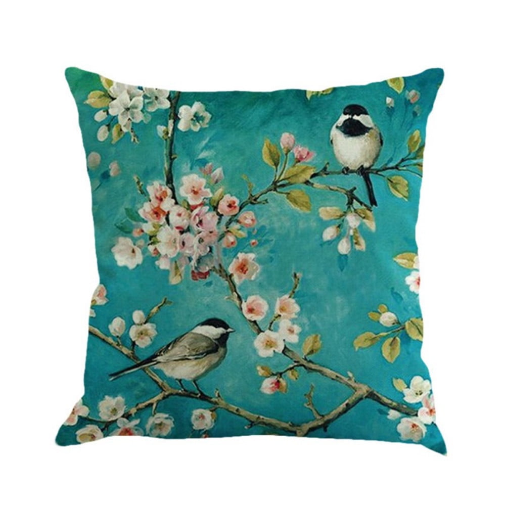 Oil Painting Throw Pillow Covers Blue Flowers&Birds Decorative Square Outdoor Cushion Cover 18 x