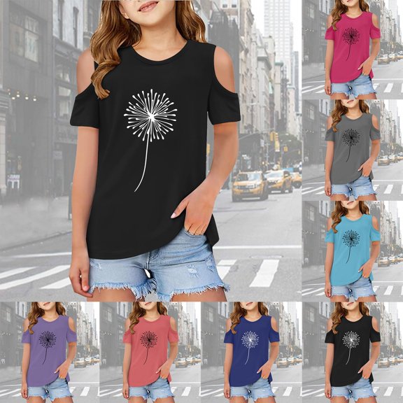 RTKFRFLM Girls Cold Shoulder Print T-Shirt for Ages 3-12 Years Kids Short Sleeve Open Shoulder Graphic Tee Top Trendy Summer Cotton Shirt Fashionable Cut-Out Shoulder Daily Playwear