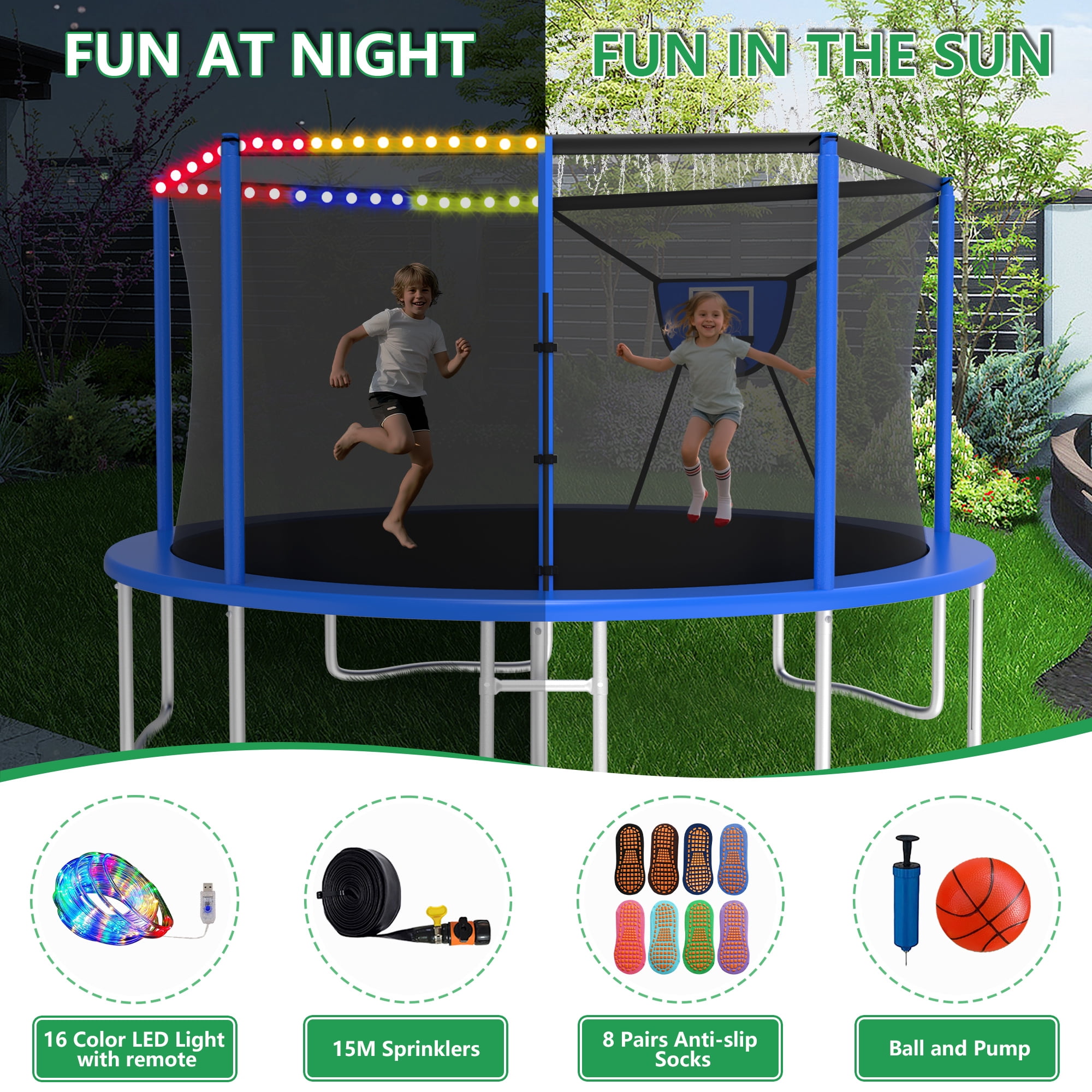 LHX Trampoline with Basketball Hoop 14FT 1400LBS Outdoor Trampolines for Kids Adults Backyard Heavy Duty Round Trampoline with Safety Enclosure Net, Lights, Sprinklers, Socks, No Gap Design