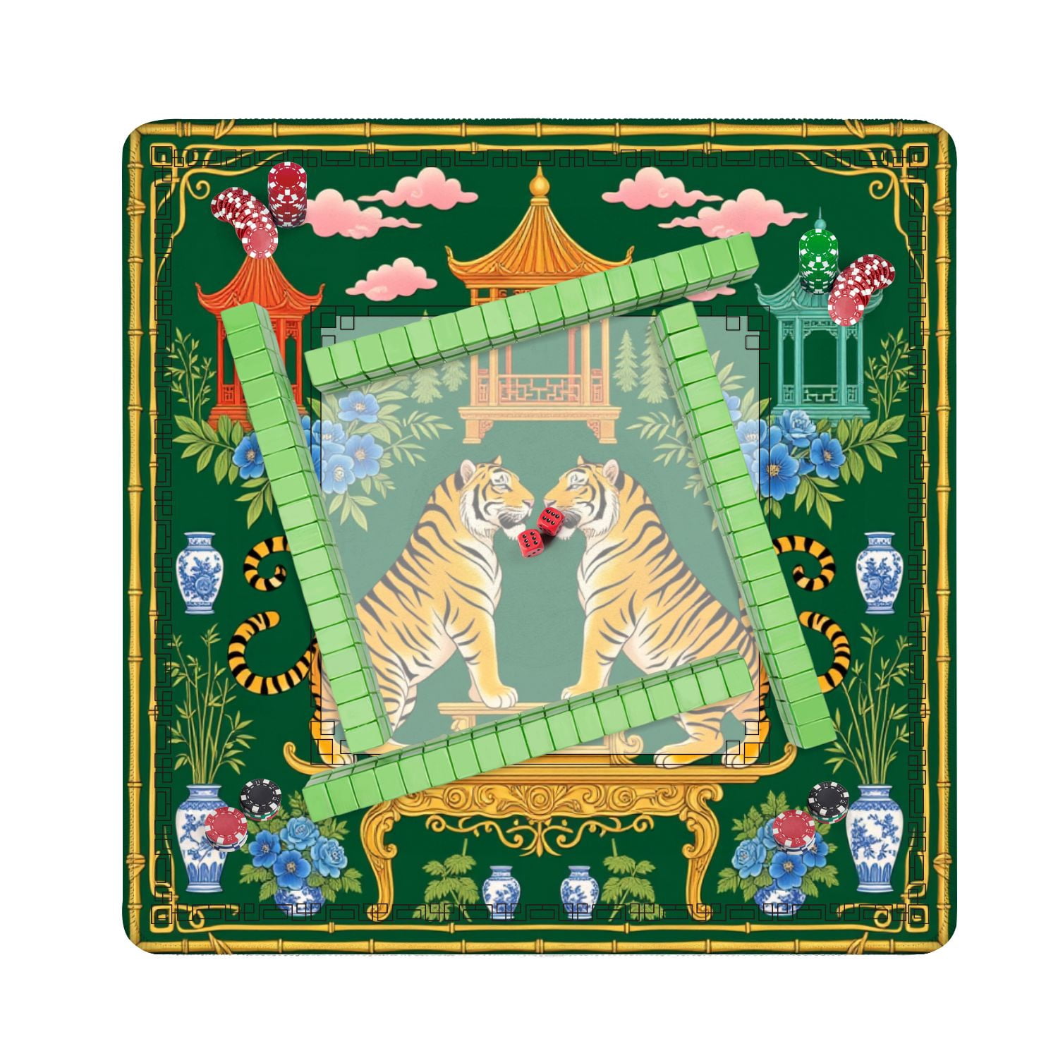Mahjong Mat 31.5" x 31.5" Chinese Tigers Oriental Pagodas Floral Design Green Non-Slip Noise Reduction American Mahjong Tiles Table Cover for Dominoes Poker Card Board Games Gift