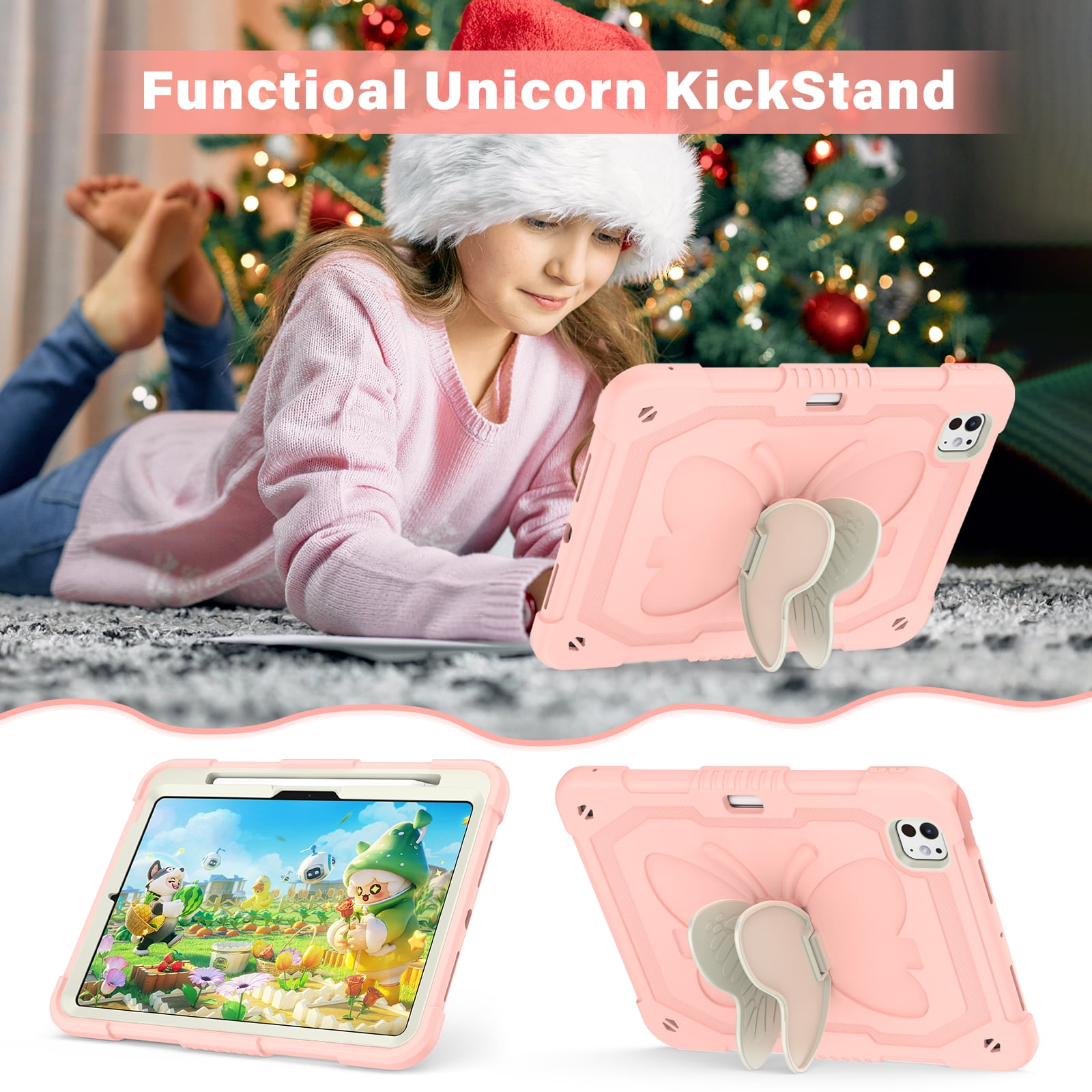 Allytechgroup iPad Pro 11 M4 2024 Case, Cute Butterfly Design Heavy Duty Shockproof Shoulder Strap Pencil Holder Kickstand Bumper Kids Friendly Rugged Case for Apple iPad Pro 11" 2024,Pink+Beige