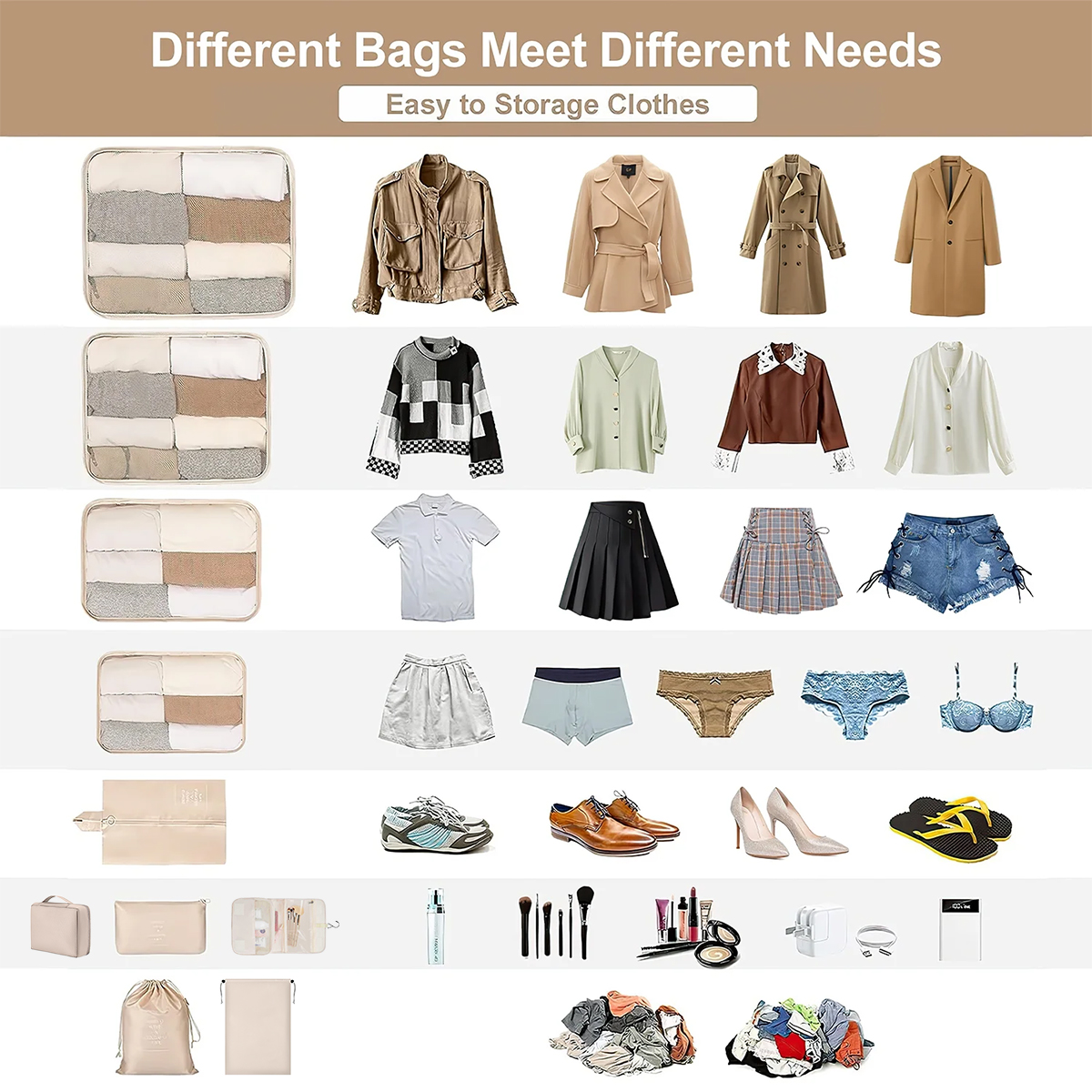 12 Set Packing Cubes for Travel, Premium Suitcase Organizer Bags Set, Space-Saving Luggage Organizers, Travel Accessories and Essentials, Beige