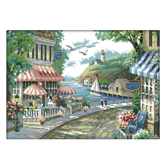 Peggybuy 14CT Stamp Print Canvas Cross Stitch Kit DIY Needlework (F645 Seaside Cafe)