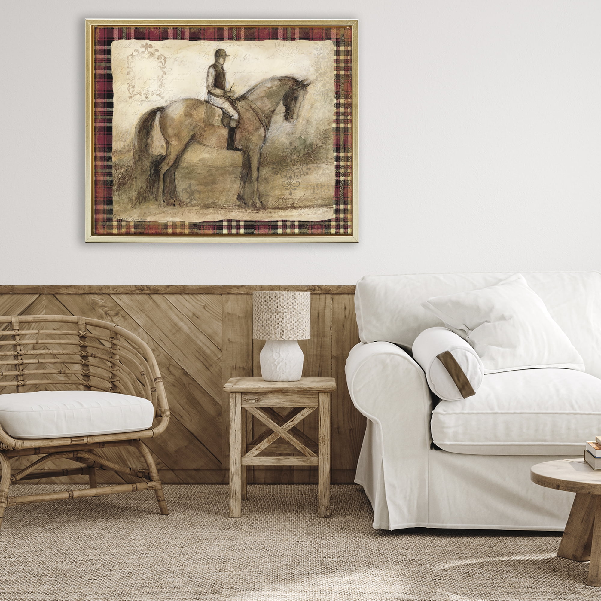 Stupell Industries Horse With Jockey & Plaid Gold Framed Floater Canvas Wall Art, design by Susan Winget