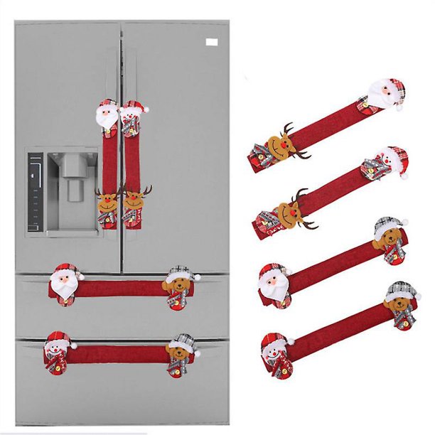 Un juego de 4 fundas navideñas para manija de puerta de refrigerador, cubierta polar 3D para refrigerador de doble puerta, decoraciones para manijas de lavavajillas y microondas de cocina