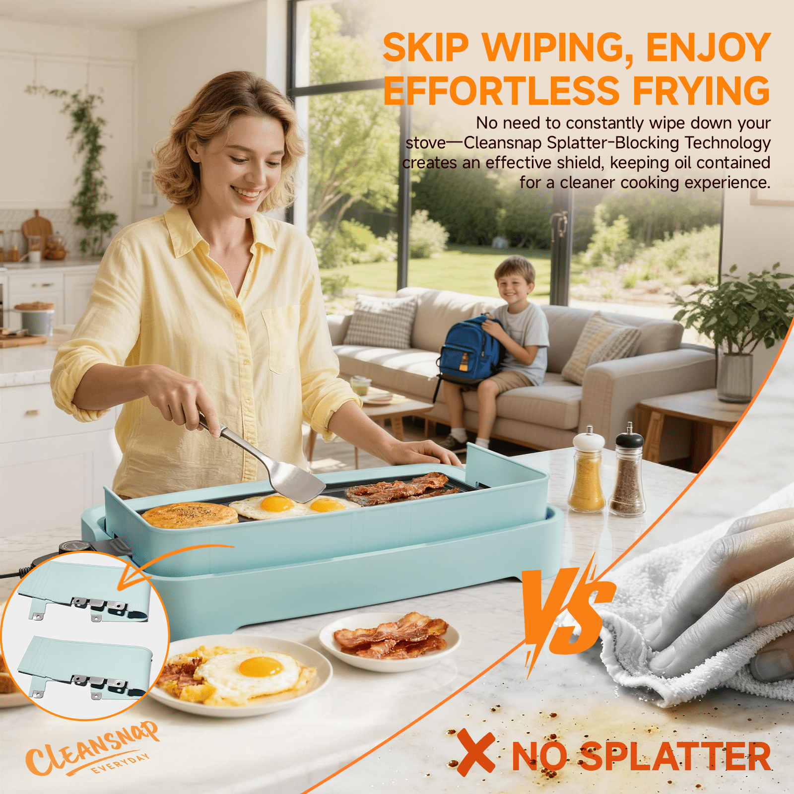 SENSCHEF Cleansnap Everyday 20 inch Electric Griddle, 1700W Rapid Heating, Foldable Anti-Mess Shield, PPG Ceramic Nonstick, Dishwasher Safe, Sage Blue