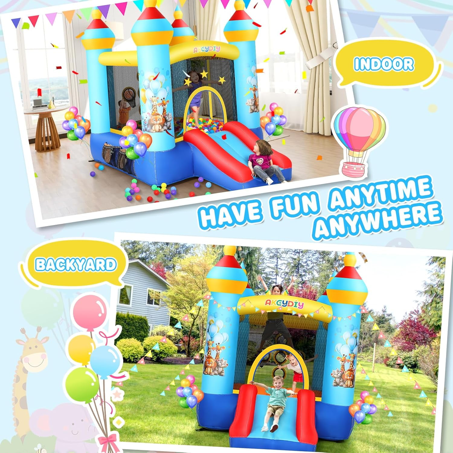 Qhomic Bounce House, Animal Themed Castle, Indoor Outdoor Inflatable Bounce House with Jumping Area, Slide, 370W Blower