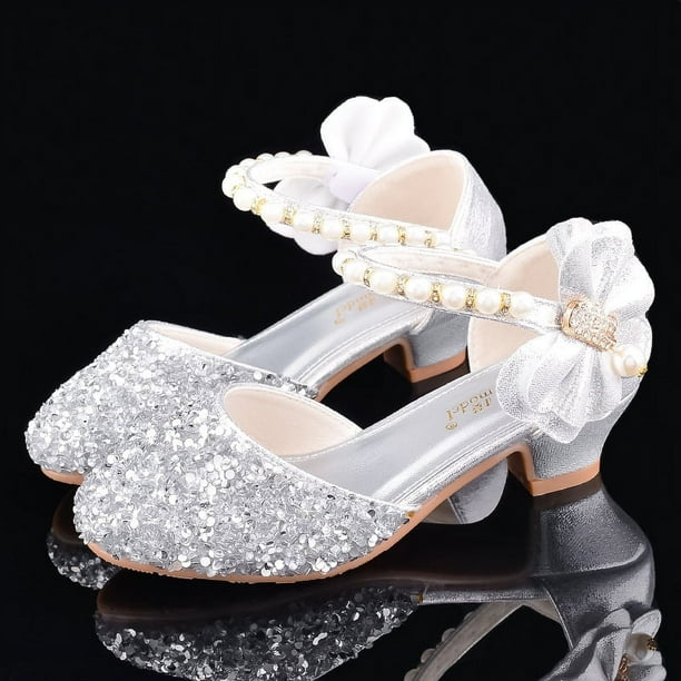 Zapatos de tacón alto de cuero plateados para niñas, zapatos pequeños para presentaciones en el escenario con piano, zapatos de cristal para niños, zapatos de princesa con vestido brillante