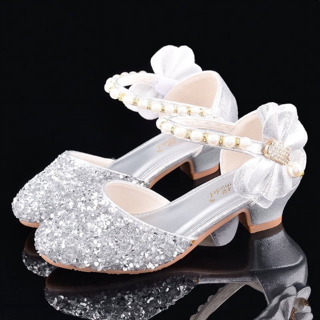Zapatos de tacón alto de cuero plateados para niñas, zapatos pequeños para presentaciones en el escenario con piano, zapatos de cristal para niños, zapatos de princesa con vestido brillante