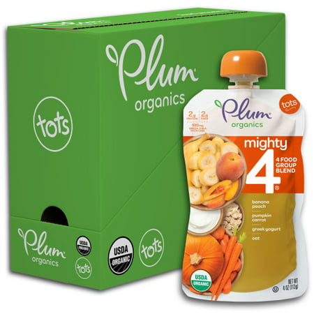Plum Organics Mighty 4, Organic Toddler Food, Banana, Peach, Pumpkin, Carrot, Greek Yogurt & Oat, 4oz (Pack of