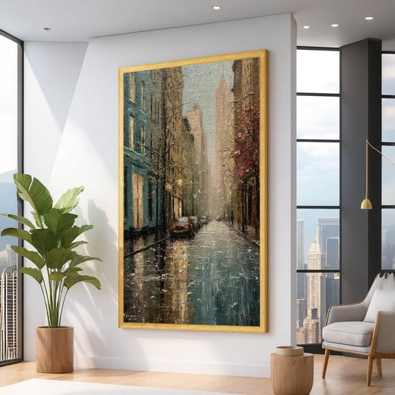 Rainy City Street Scene, Urban Landscape Wall Art, Misty Evening Reflection, Modern Cityscape, Home Decor Art UNFRAMED Poster, Wall Art for Decor, Present, 8x12
