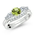 thumbnail image 2 of Gem Stone King 10K White Gold Green Peridot White Moissanite and White Lab Grown Diamond 5 Stone Bridal Engagement Wedding Ring Set for Women (0.86 Cttw, Round, Size 7), 2 of 6