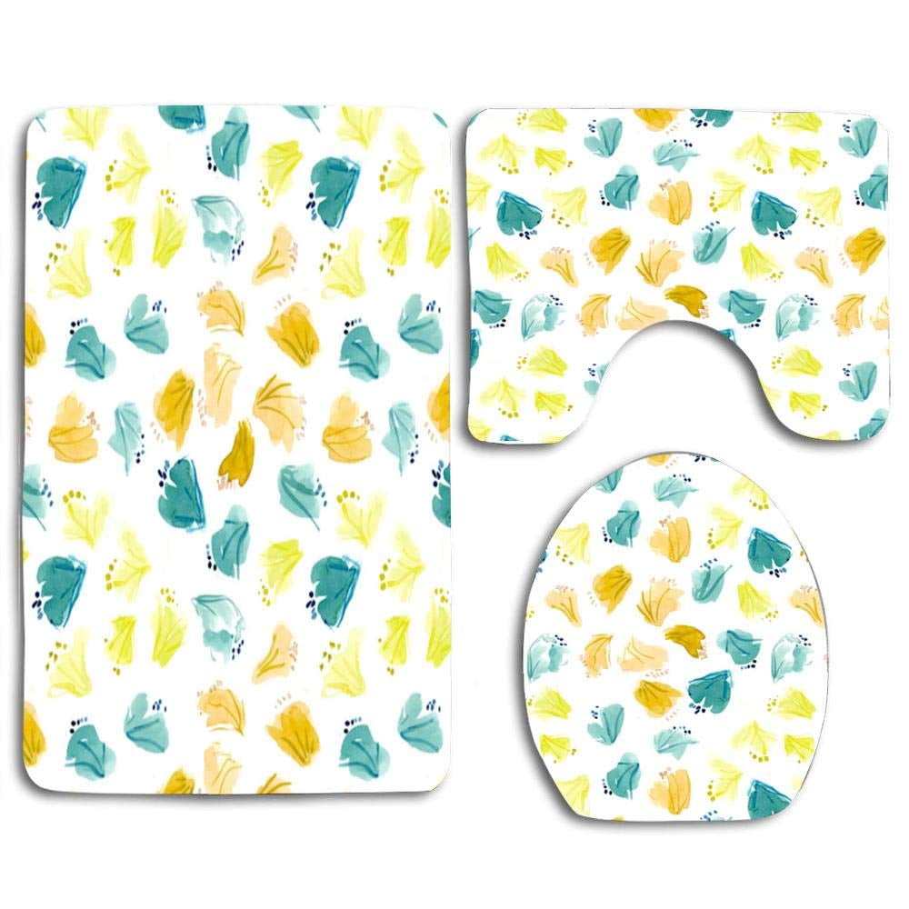 CHAPLLE Blue Yellow Flowers 3 Piece Bathroom Rugs Set Bath Rug Contour