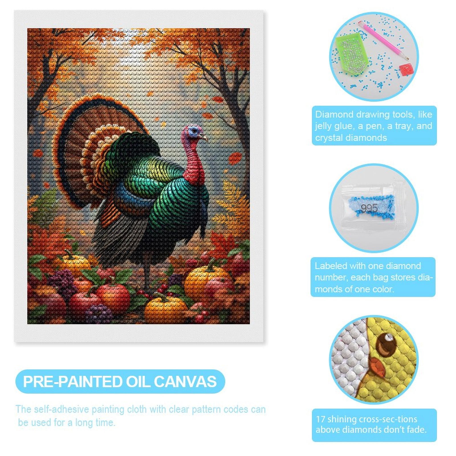 Diamond Art Kits for Adults, Autumn Turkey Harvest Scene 5D Diamond Painting Kits for Adults Beginners, DIY Full Drill Diamond Painting, Gem Art and Crafts 12x16