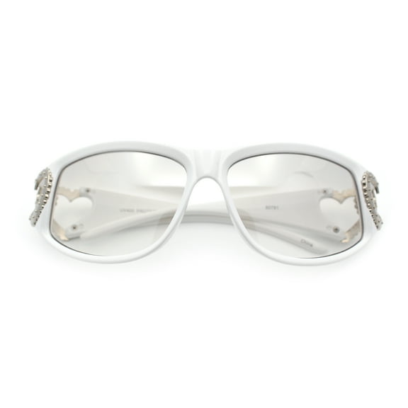 Womens Diva Wrap Around Double Heart Jewel Hinge Plastic Fashion Sunglasses White - Clear Mirror