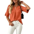 thumbnail image 5 of ClodeEU Women's Round Neck Pleated 3/4 Sleeve Tunic Blouse Top,Casual Loose Shirt Orange,Women's Plus M, 5 of 8