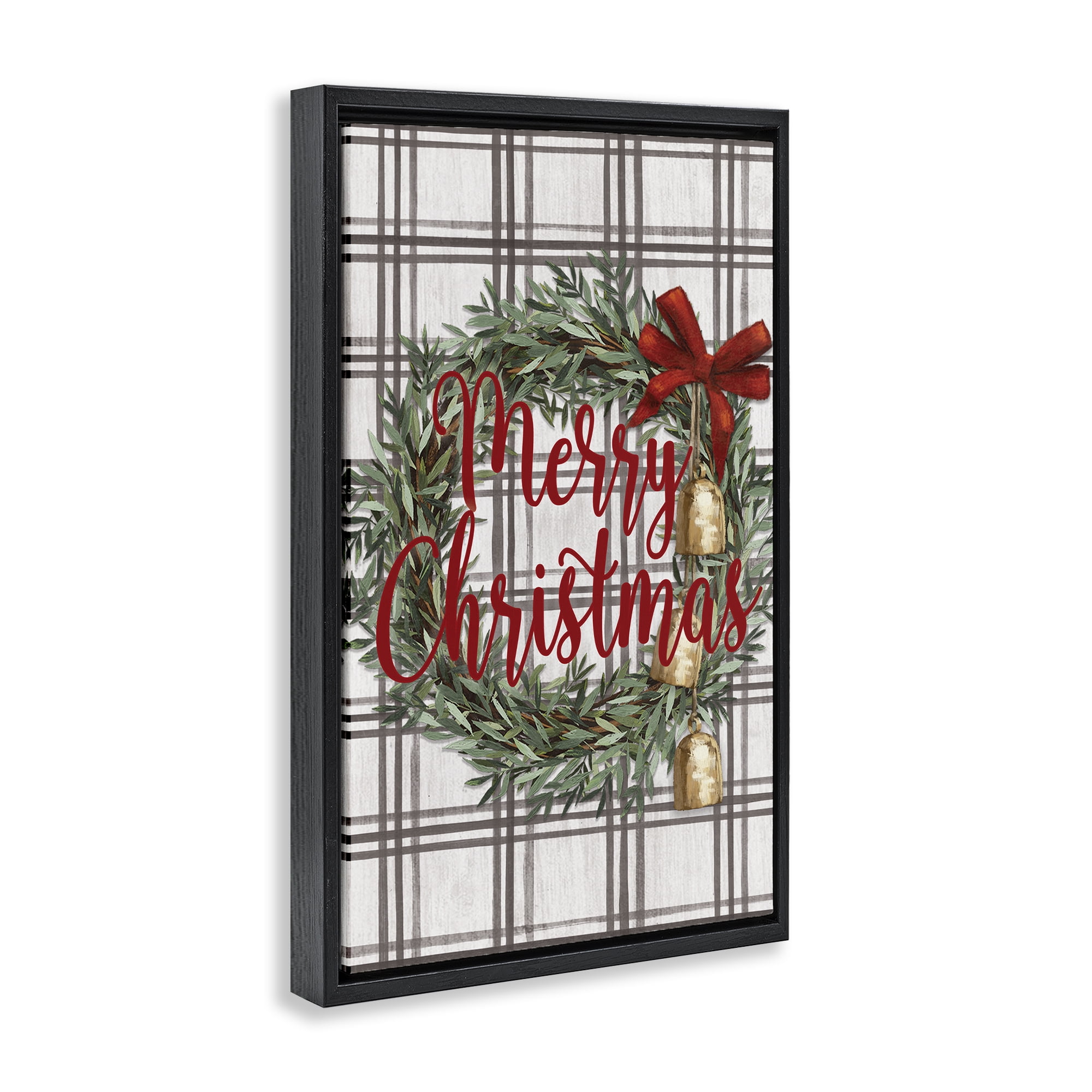 Stupell Industries Plaid Christmas Wreath Holiday Painting Black Floater Framed Canvas Art Prints Wall Art, 17 x 25