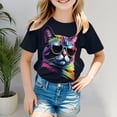 thumbnail image 2 of Bysome Child Little Girls Tops Crew Neck Stretch Outdoor T-Shirts Cat Print Short Sleeve Black Tee Size 4-5 T, 2 of 6