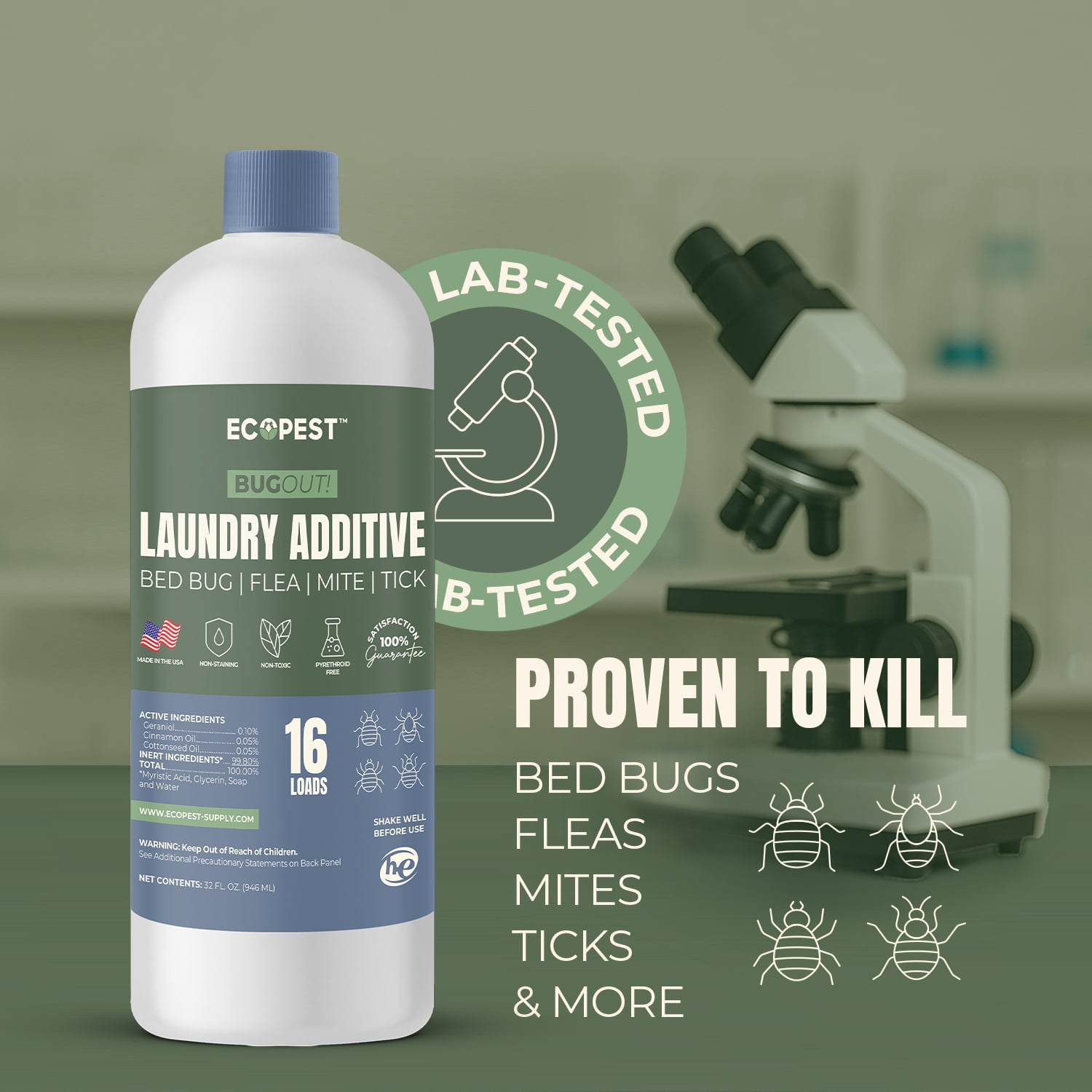 BugOut! Laundry Additive – Natural Detergent Booster for Bed Bug, Mite, Flea, & Tick Treatment & Prevention | Plant-Based Killer, Made with Fabric-Safe Soap | Works in Hot and Cold Wash (32 oz)