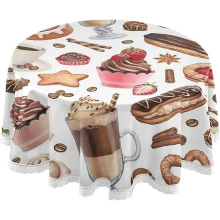 SKYSONIC Coffee Chocolate Tablecloth Cinnamon Cupcakes Round Tablecloths Polyester Tablecover Cloths Washable Tabletop Runner Kitchen Party Picnic Dining Home Decor 60inch