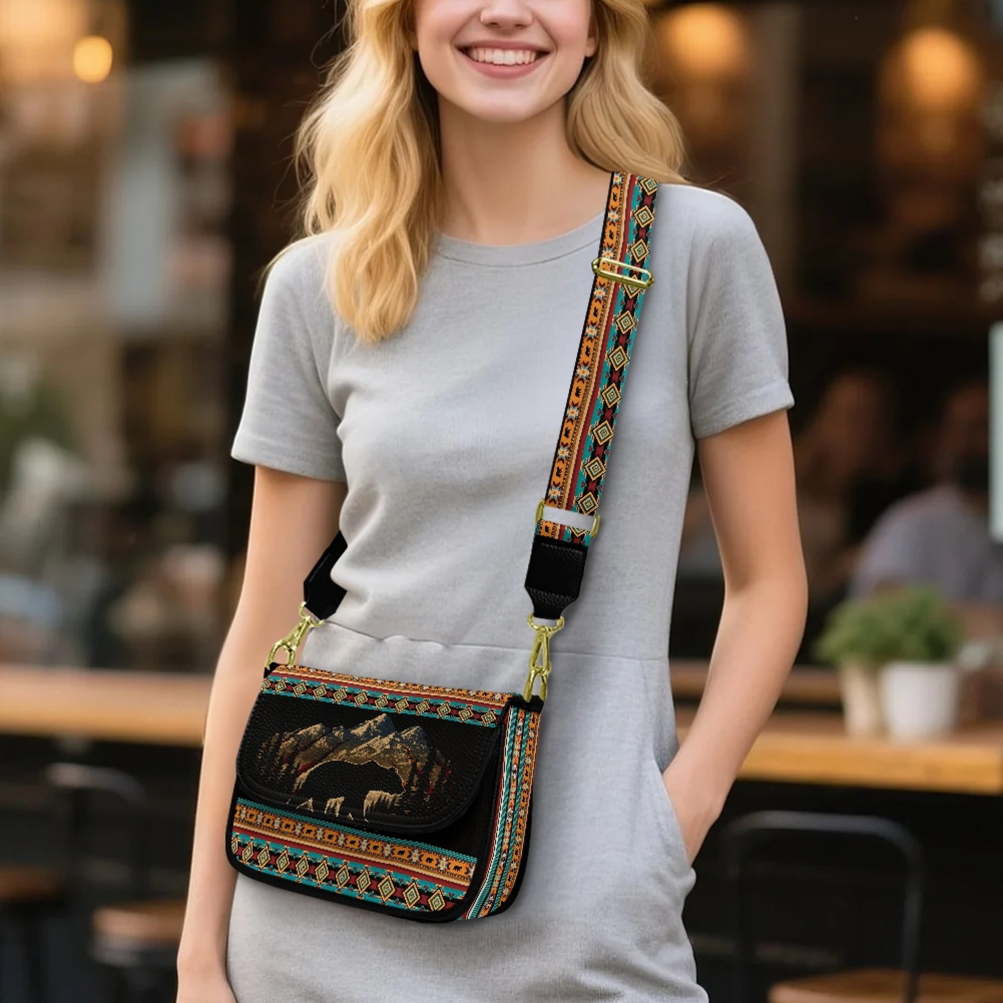 TSOVTHRID Small Crossbody Bag for Women Cell Phone Purse Women's Shoulder Handbags Wallet Purse with Zipper Inner Pocket, Aztec Tribal Bear Snow Mountain Forest Print