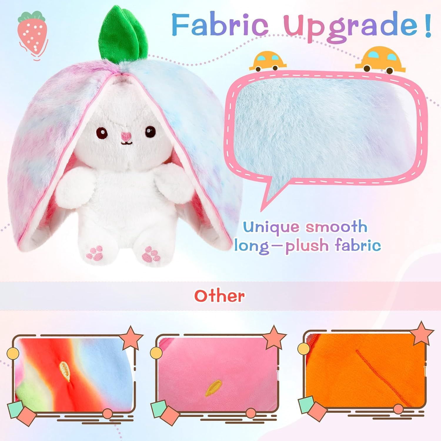 Kawaii Squishy Cute Easter Bunny Plush Turn Into Rabbit Fruit Doll Carrot Strawberry Pillow, Plushies Funny Bunny Toy for Baby