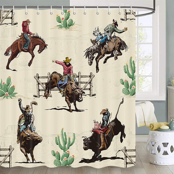 Western Shower Curtain Wild Horse Desert Cactus Shower Curtain Farmhouse Country Shower Curtain American Wild West Desert with Cowboys Shower Curtain Set with Hooks, 72X72inch