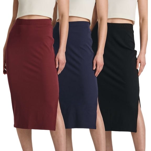 3 Pack: Women's Midi Ribbed Knit Skirt With Side Slit - Stretchy Office Work Business Casual Pencil Pull-On Skirts