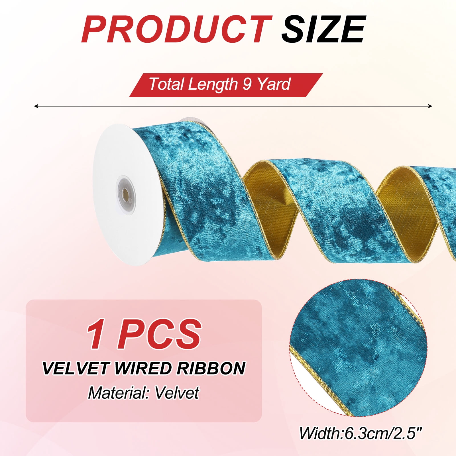 Uxcell 2.5" x 10 Yards Velvet Wired Gold Crushed Ribbon for Bow Decor Bright Blue