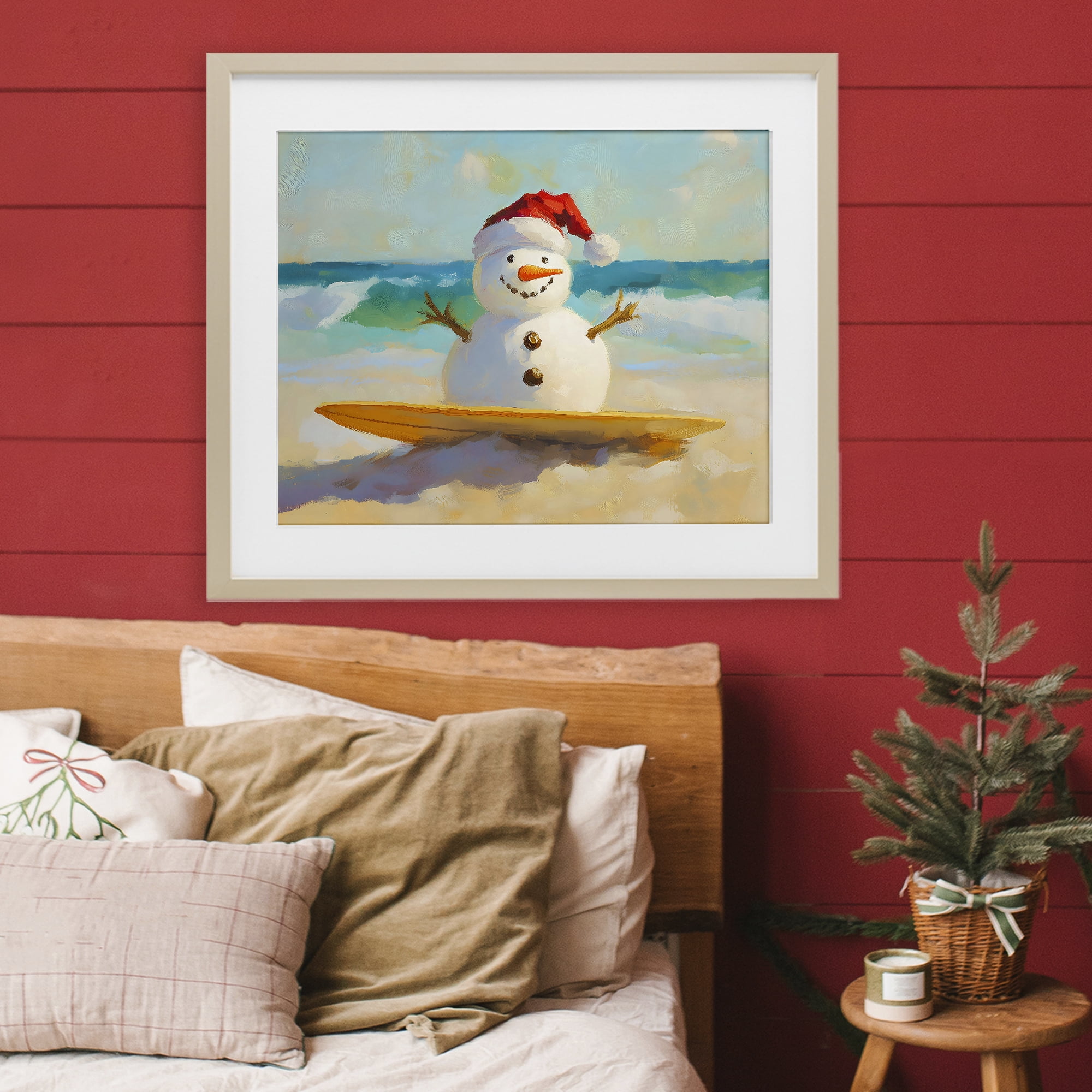 Stupell Industries Surfer Snowman on Beach Birch Framed Print Under Glass, design by The Prints Vibe