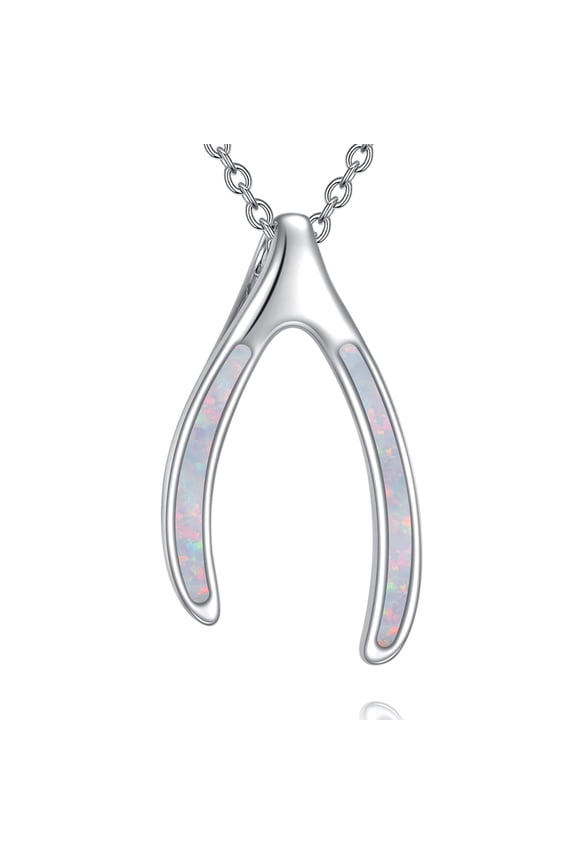 Wishbone Necklace 925 Sterling Silver Opal Wishbone Amulet Pendant Necklace Good Luck Jewelry Gift for Women