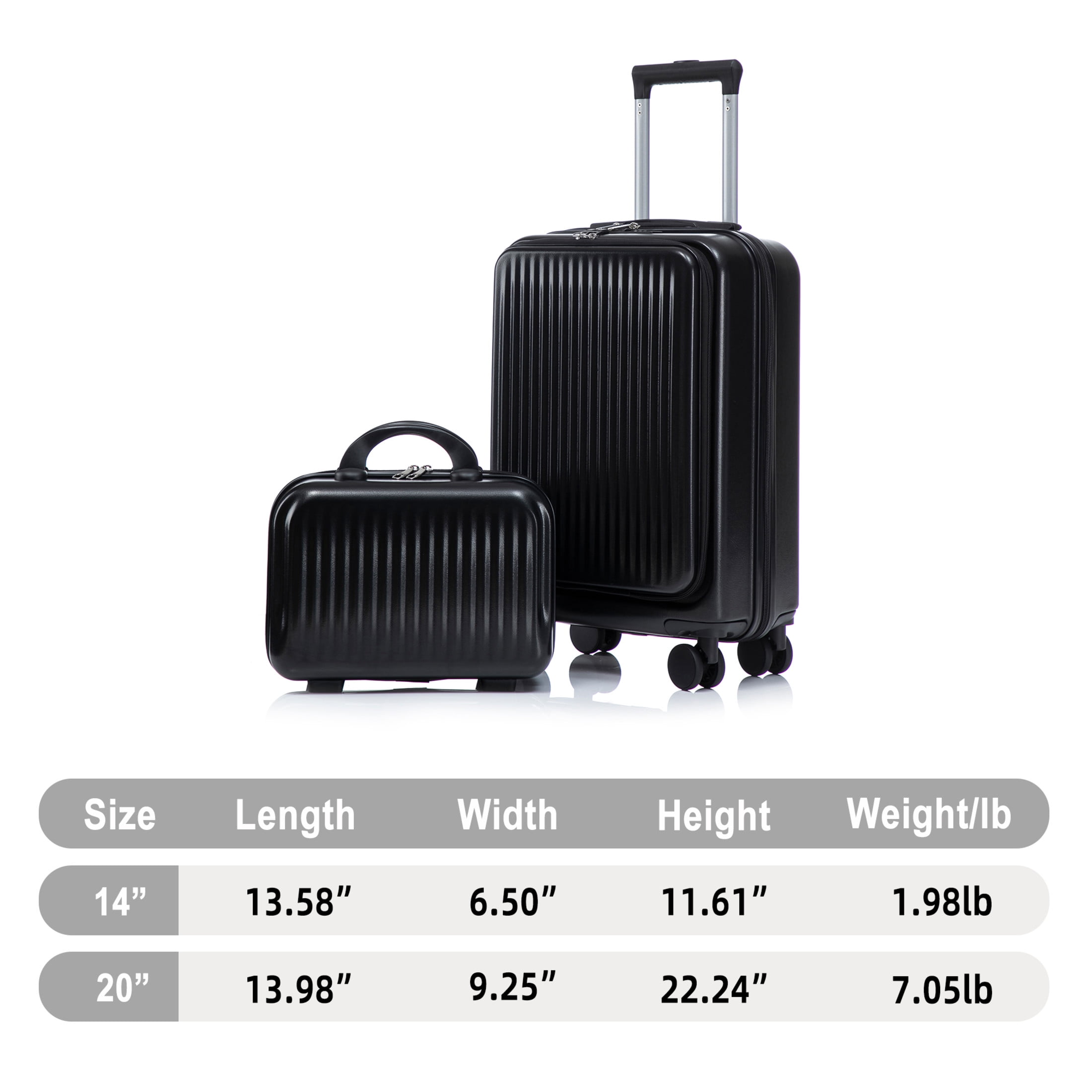 GDF Studio 20" Carry-On Spinner Luggage Set with 14" Cosmetic Case, Lockable and Front Opening, Black