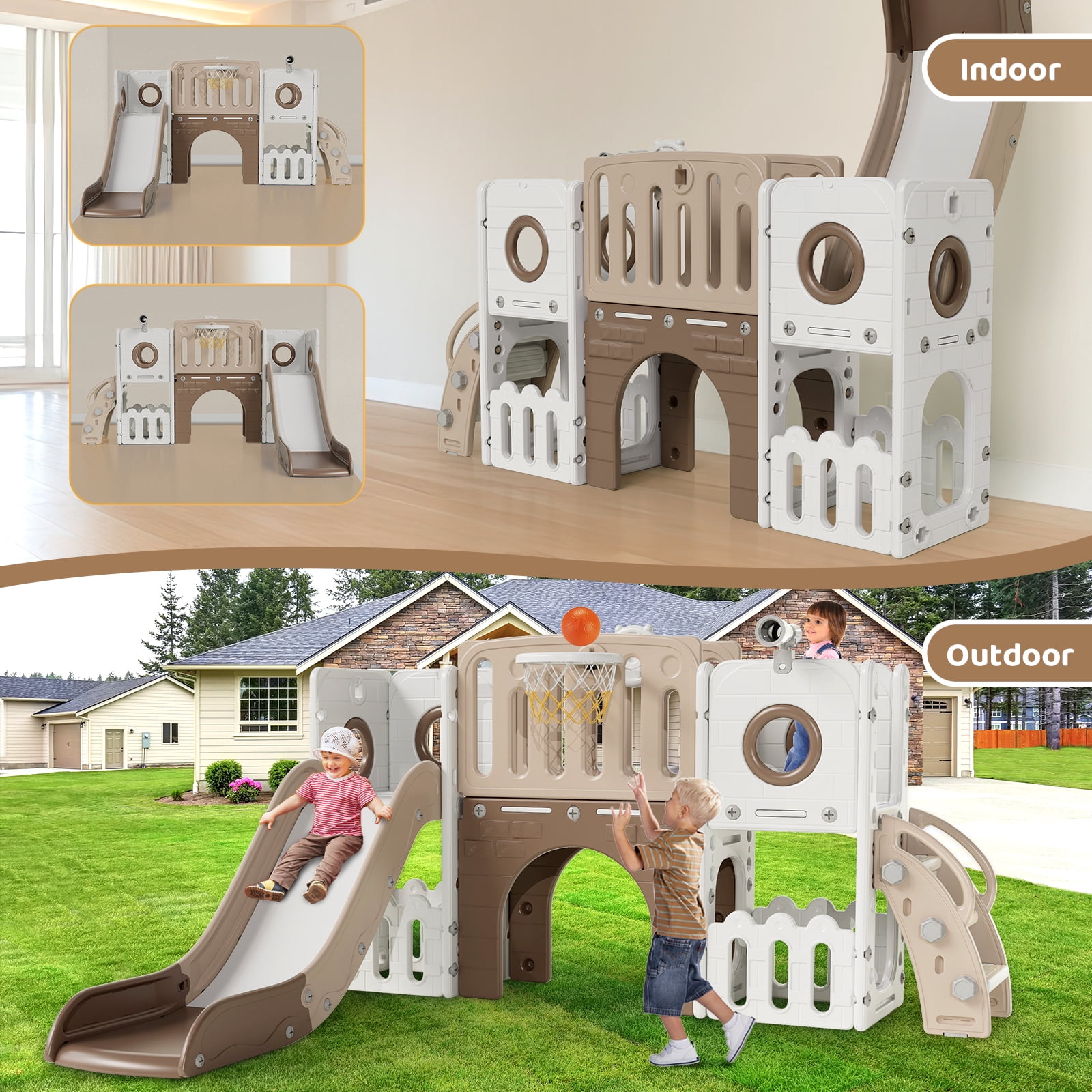 Arlopu 9 in 1 Toddler Slide Set, Large Toddler Slide with Basketball Hoop & Ball, Telescope, Storage Space, Tunnel, Outdoor Indoor Playground Slide