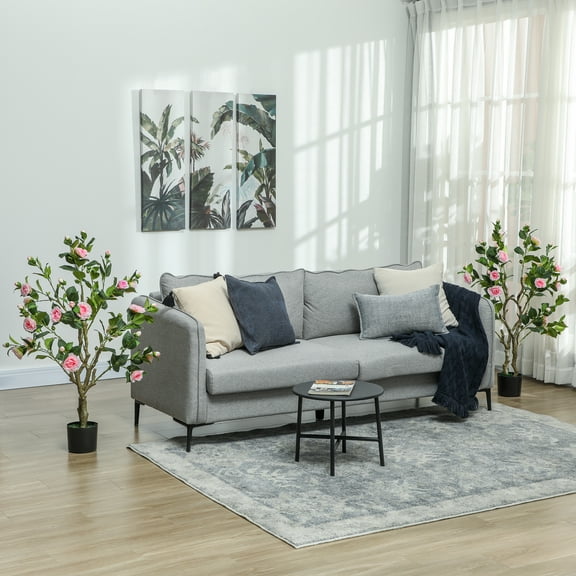 HOMCOM Set of 2 Artificial Plants, Camellia Flowers in Pots, Fake Plants for Home, Indoor Decor, Pink