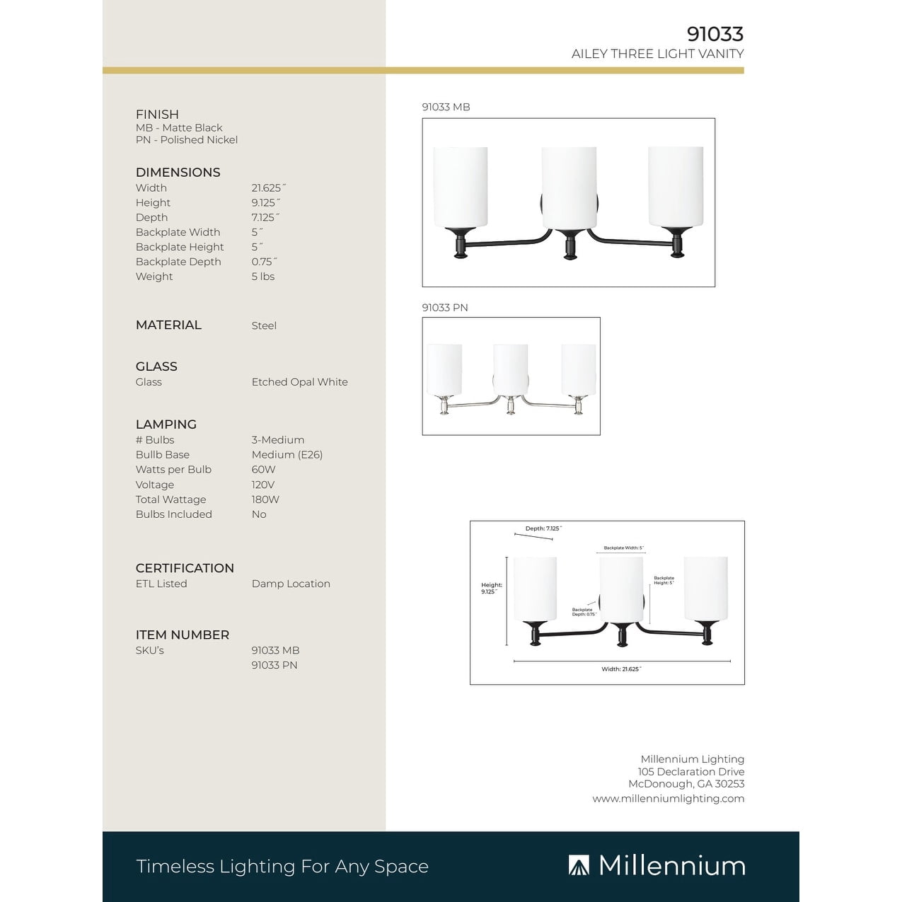Millennium Lighting  Ailey 2/3 Light Vanity Fixture 3 Light - Matte Black