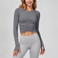 thumbnail image 3 of DuoJiaJ Womens Long Sleeve Crop Top, Crew Neck Ruched Stretchy Yoga Athletic Gray M, 3 of 5