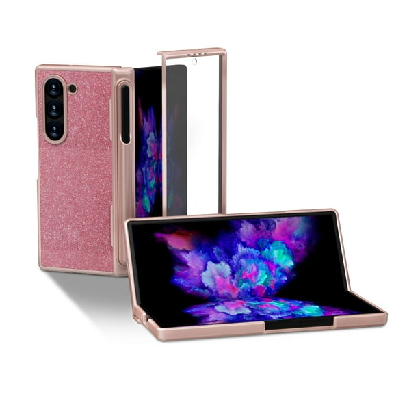 Allytechgroup Galaxy Z Fold6 Case with Screen Protector, Glitter Bling Stylish Girls Women Back Cover Shockproof Full Body Protective Phone Case for Samsung Galaxy Z Fold 6, Rosegold