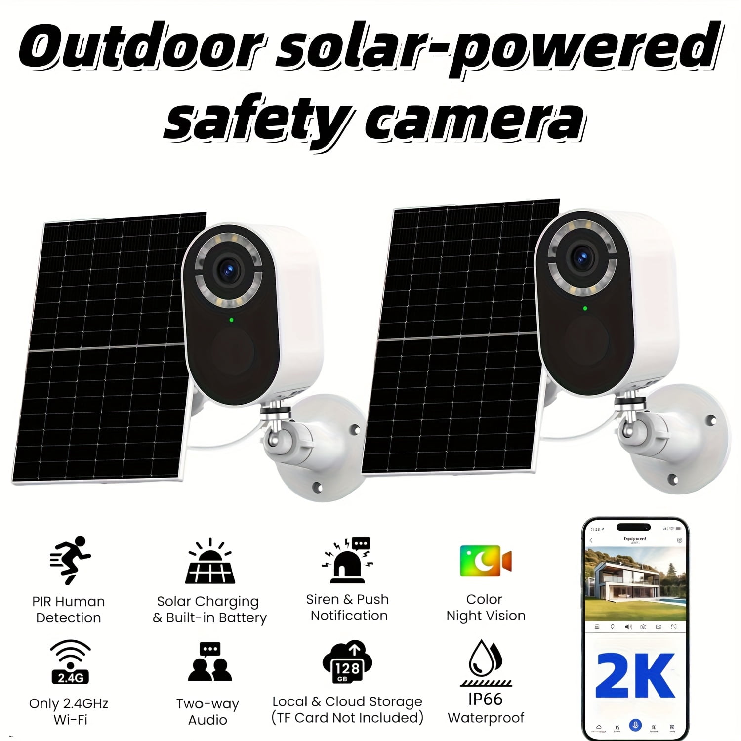 Solar Security Camera 2K Outdoor/Indoor, Waterproof, Low Power, 2.4G WiFi, Two-Way Audio, Human Detection, Color Night Vision, Pet/Baby Monitor