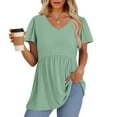 thumbnail image 3 of TQWQT Women Summer Tops Vneck Short Sleeve Peplum Blouse Solid Color Graphic Babydoll T-Shirts Fashion Tunic Top Plus Size Maternity Clothes Mint Green XL, 3 of 5