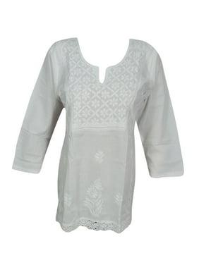 Mogul Women Tunic Blouse Ethnic White Floral Embroidered Short Kurti Shirt XS