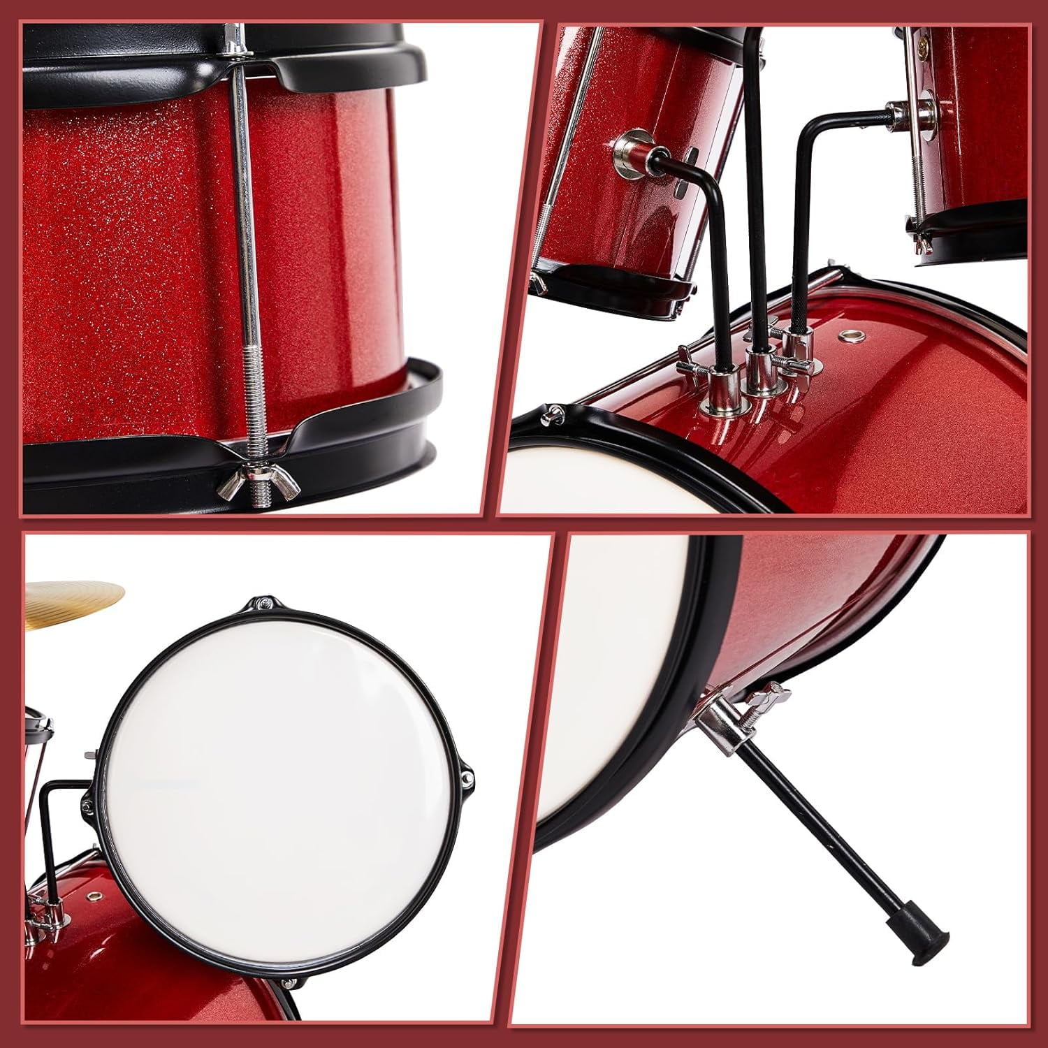 3-Piece Drum Set, 14 Inch Beginners Drums Kit with Throne Stool, Pedal & 2 Pairs of Drumsticks, Junior Drums Set Musical Instruments W/Cymbal, Tom, and Snare Drum (Red)