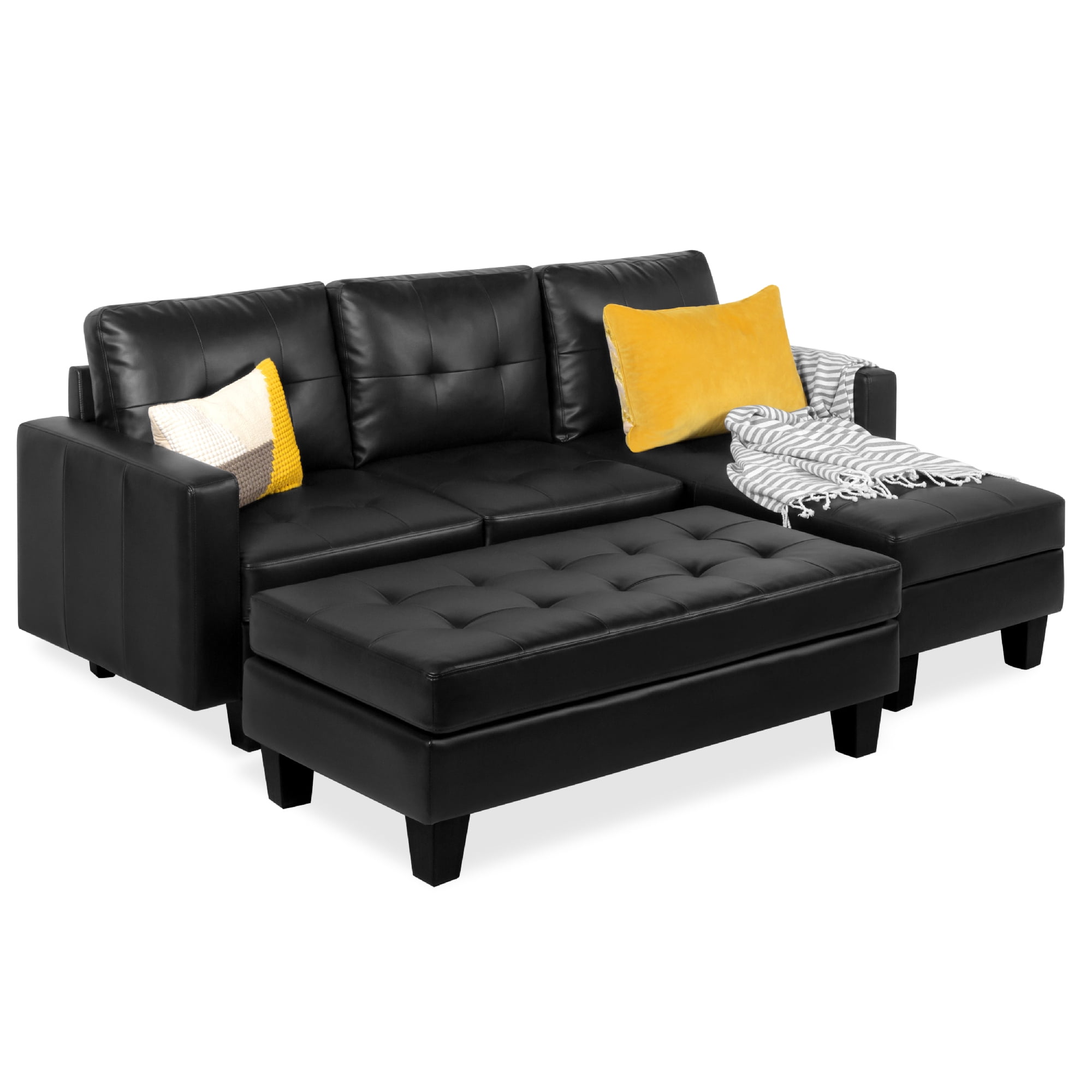 W Chaise Lounge Ottoman Bench Black, Black Leather Couch With Ottoman Bed