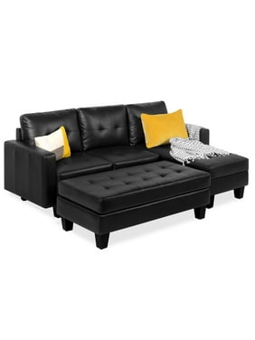 Best Choice Products 3-Seat L-Shape Tufted Faux Leather Sectional Sofa Couch Set w/ Chaise Lounge, Ottoman Bench - Black