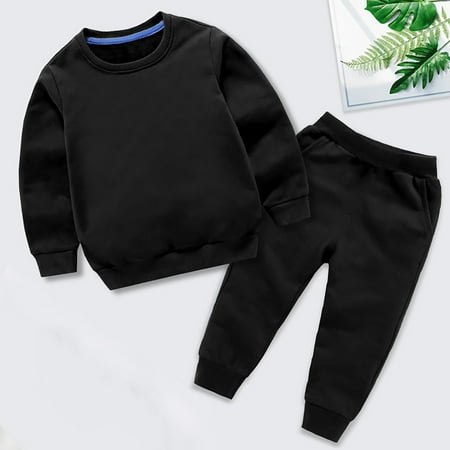 

Boys Girls Autumn Solid Color Cotton Long Sleeve Round Neck Sweatshirt Set Crop Top And Sweatpants