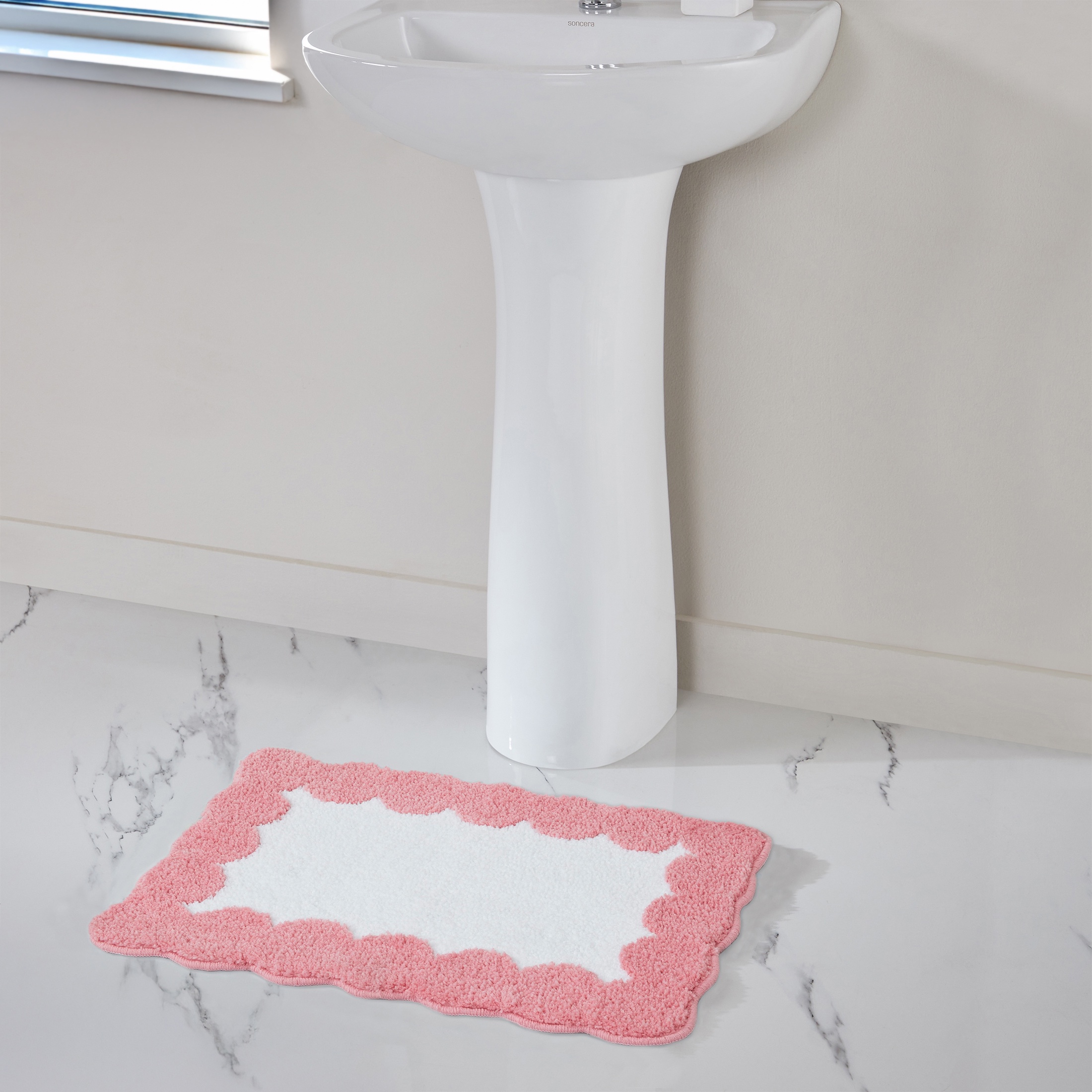 VCNY Home Pink/White Dotted Edge Tufted Bath Rug, 18" x 27"